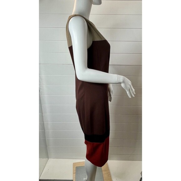 AKRIS PUNTO Sz US 8 Tan Maroon Red Sheath Dress Viscose Wool Blend Art To Wear - Picture 6 of 14